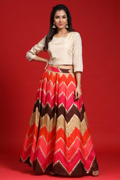 Juniper Women`s Coral Silk Crepe Printed Flared Lehenga Choli Sets