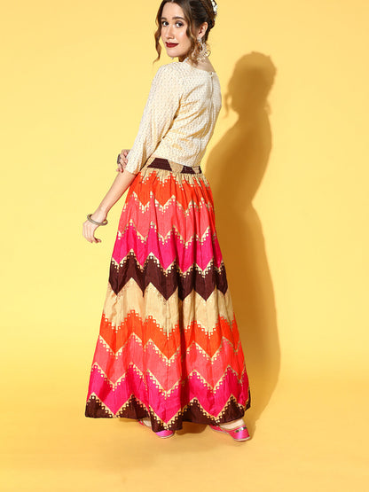 Juniper Women Coral Silk Crepe Printed Flared Lehenga Choli Sets