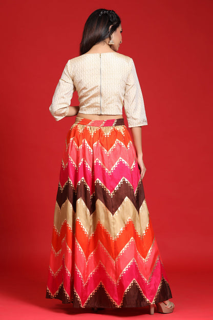 Juniper Women`s Coral Silk Crepe Printed Flared Lehenga Choli Sets