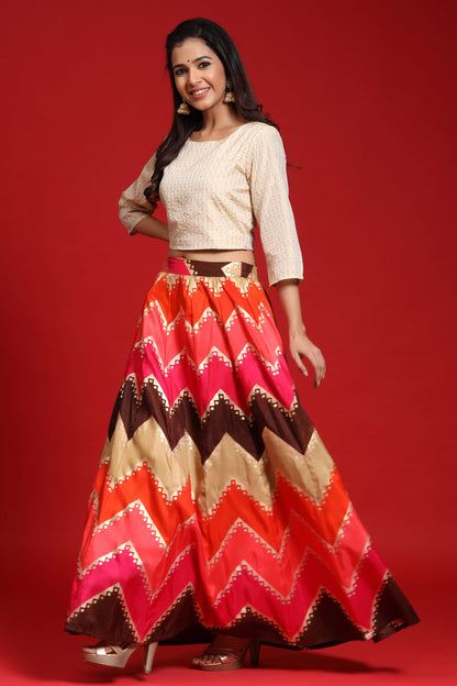 Juniper Women`s Coral Silk Crepe Printed Flared Lehenga Choli Sets
