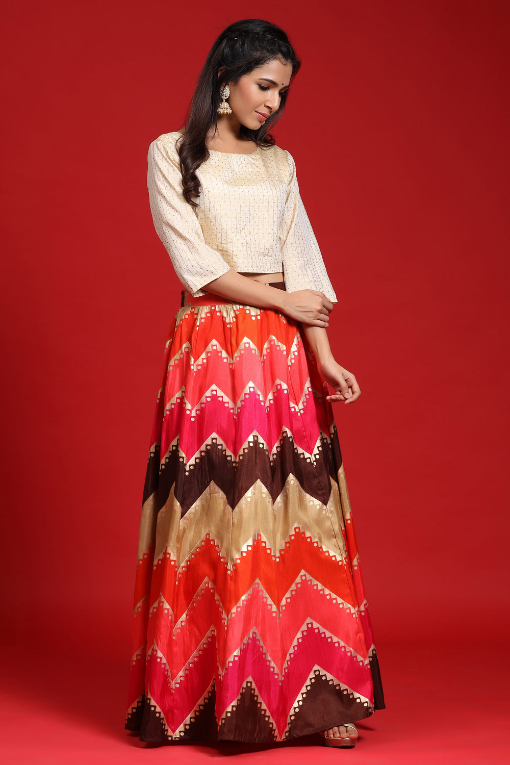 Juniper Women`s Coral Silk Crepe Printed Flared Lehenga Choli Sets