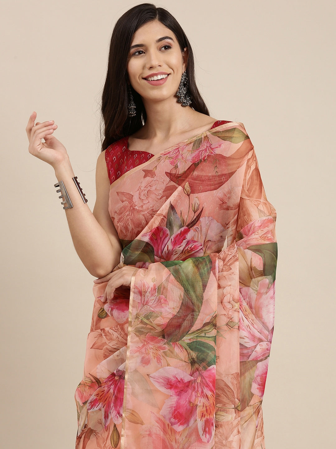 Saree Mall Pink Floral Printed Organza Sarees