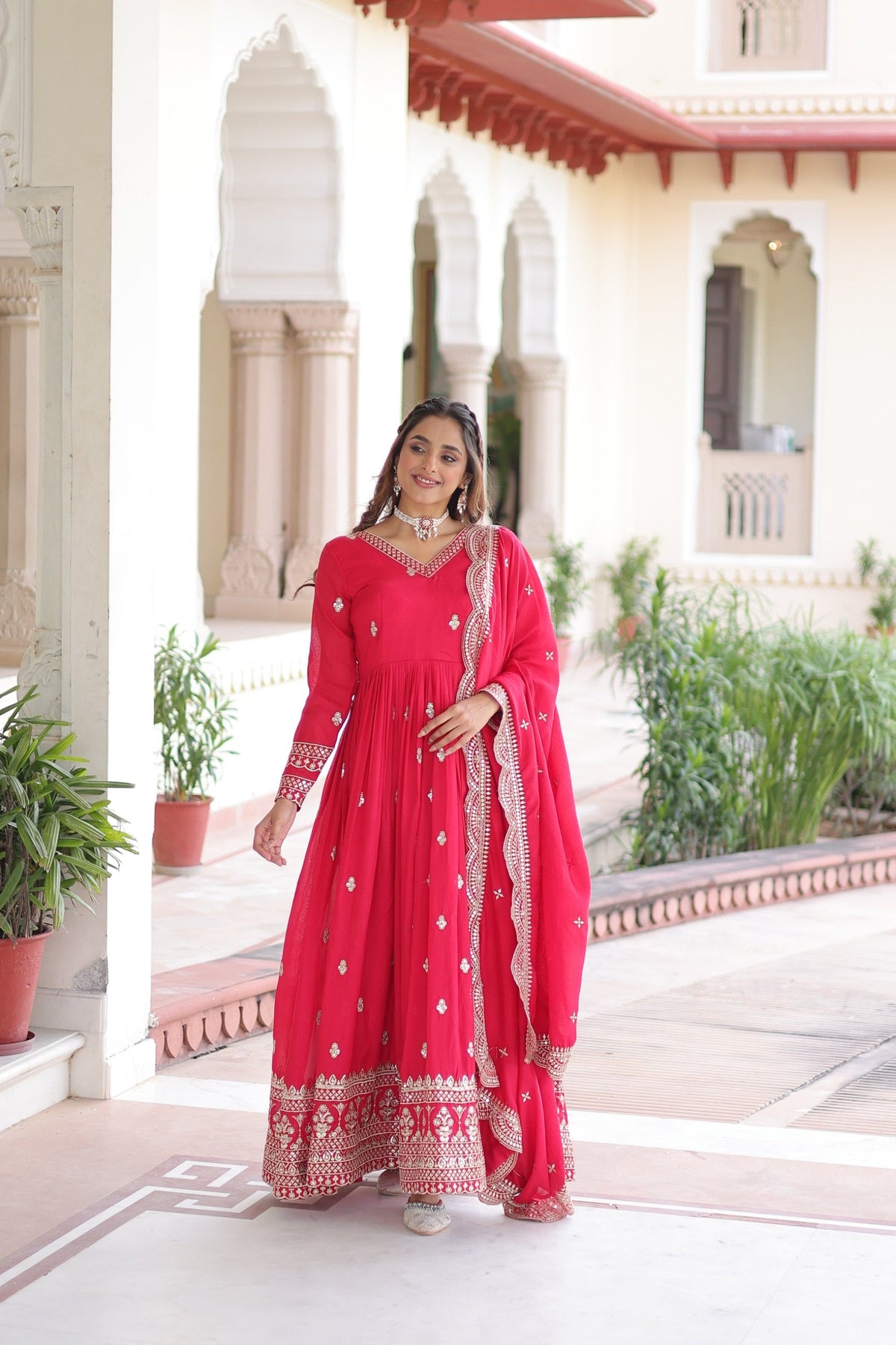 Lorenvalley Fashion Pink Vichitra Silk with Rich Sequins & Zari Embroidered work Anarkali Gown with Dupatta
