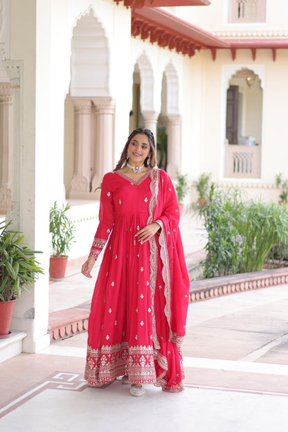 Lorenvalley Fashion Pink Vichitra Silk with Rich Sequins & Zari Embroidered work Anarkali Gown with Dupatta