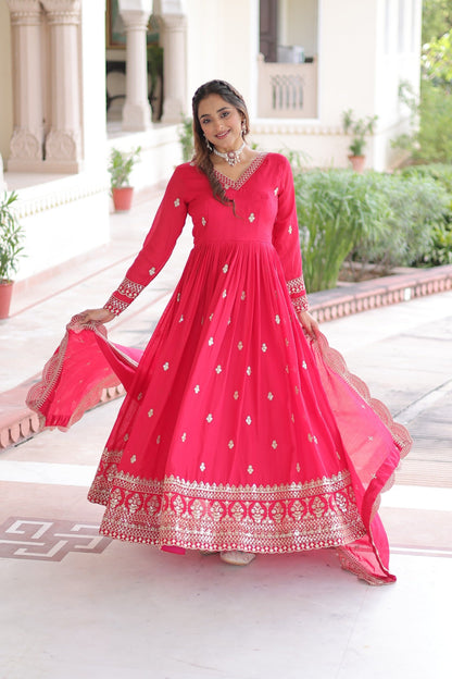 Lorenvalley Fashion Pink Vichitra Silk with Rich Sequins & Zari Embroidered work Anarkali Gown with Dupatta