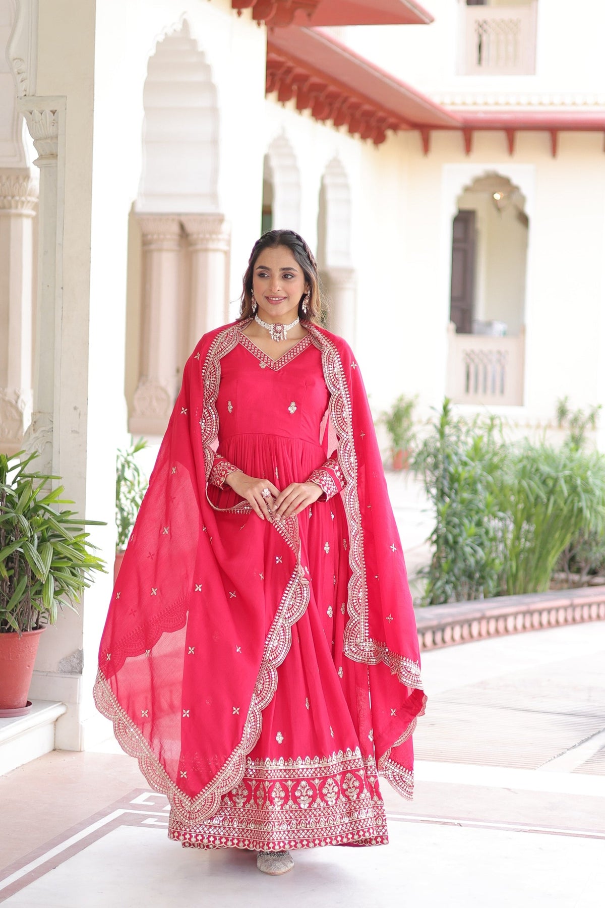 Lorenvalley Fashion Pink Vichitra Silk with Rich Sequins & Zari Embroidered work Anarkali Gown with Dupatta