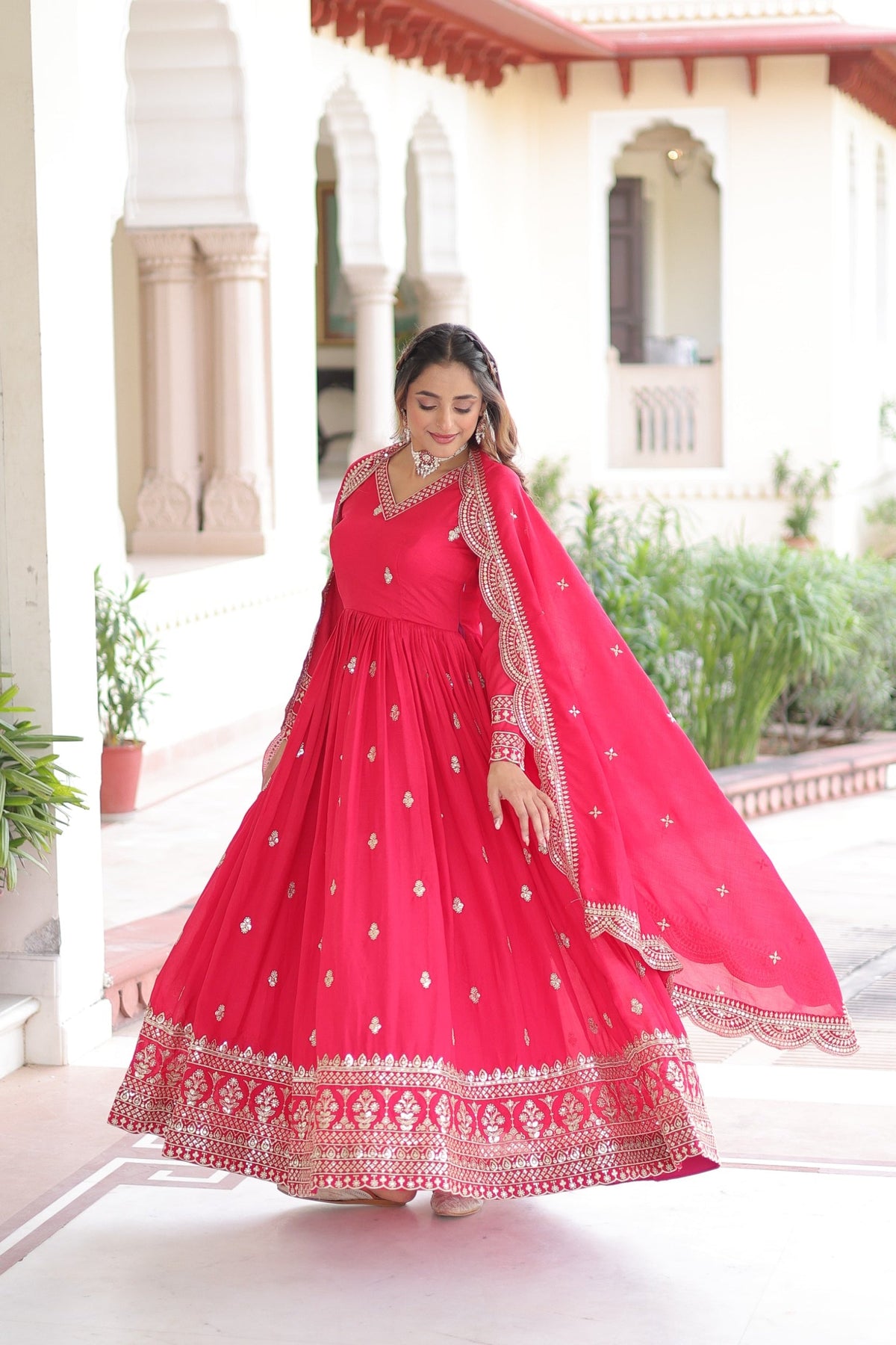 Lorenvalley Fashion Pink Vichitra Silk with Rich Sequins & Zari Embroidered work Anarkali Gown with Dupatta