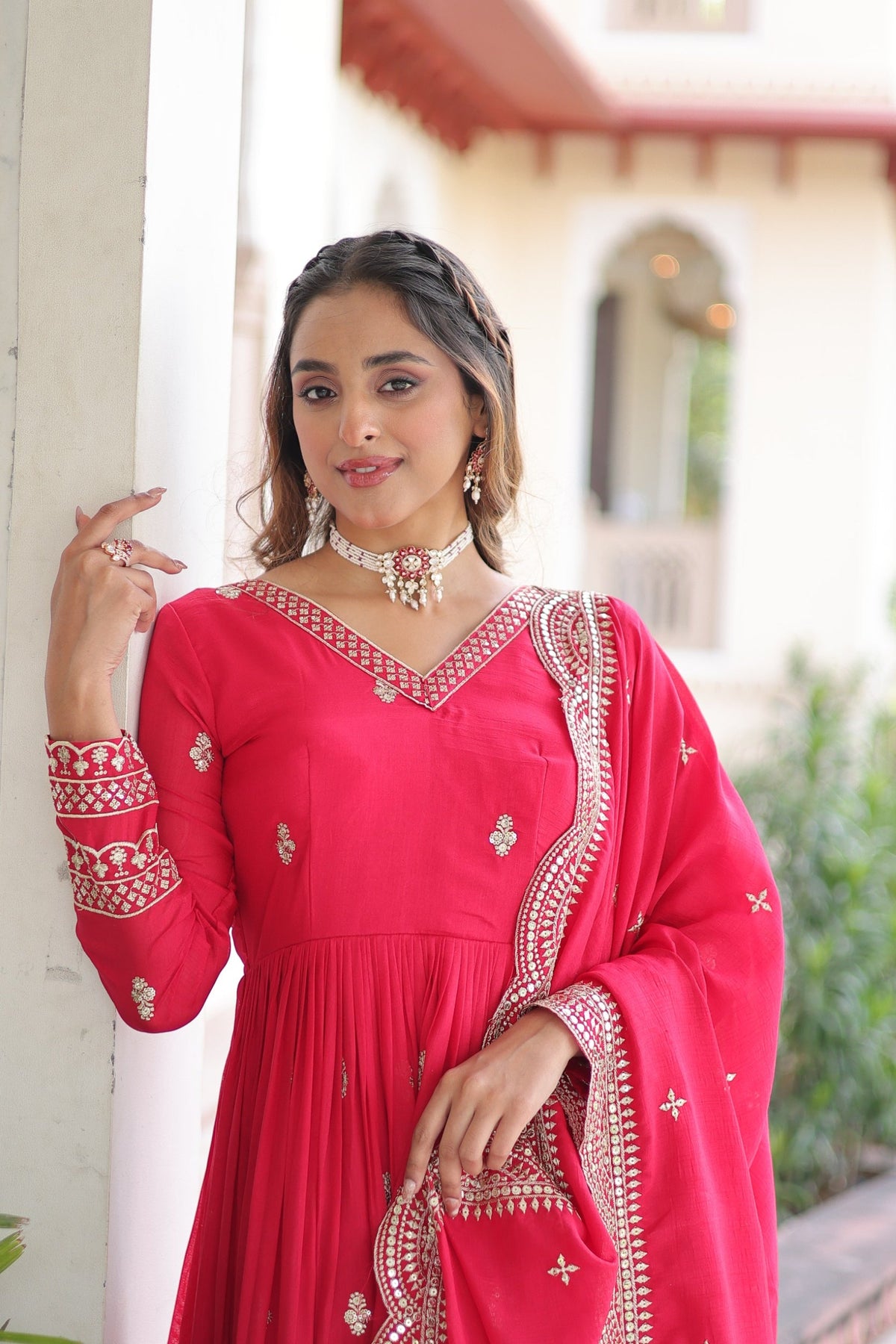 Lorenvalley Fashion Pink Vichitra Silk with Rich Sequins & Zari Embroidered work Anarkali Gown with Dupatta