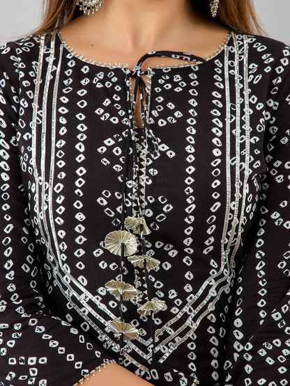 HERE&NOW Black Bandhani Printed Gotta Patti Kurta with Sharara