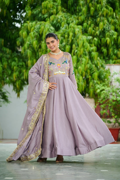 Lorenvalley Fashion Onionpink Vichitra Silk with Rich Sequins Multi Thread & Zari Embroidered work Anarkali Gown with Dupatta
