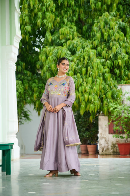 Lorenvalley Fashion Onionpink Vichitra Silk with Rich Sequins Multi Thread & Zari Embroidered work Anarkali Gown with Dupatta