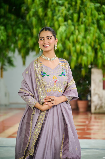Lorenvalley Fashion Onionpink Vichitra Silk with Rich Sequins Multi Thread & Zari Embroidered work Anarkali Gown with Dupatta