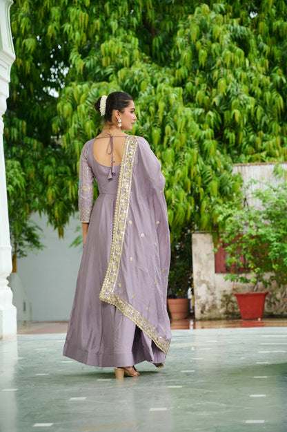 Lorenvalley Fashion Onionpink Vichitra Silk with Rich Sequins Multi Thread & Zari Embroidered work Anarkali Gown with Dupatta