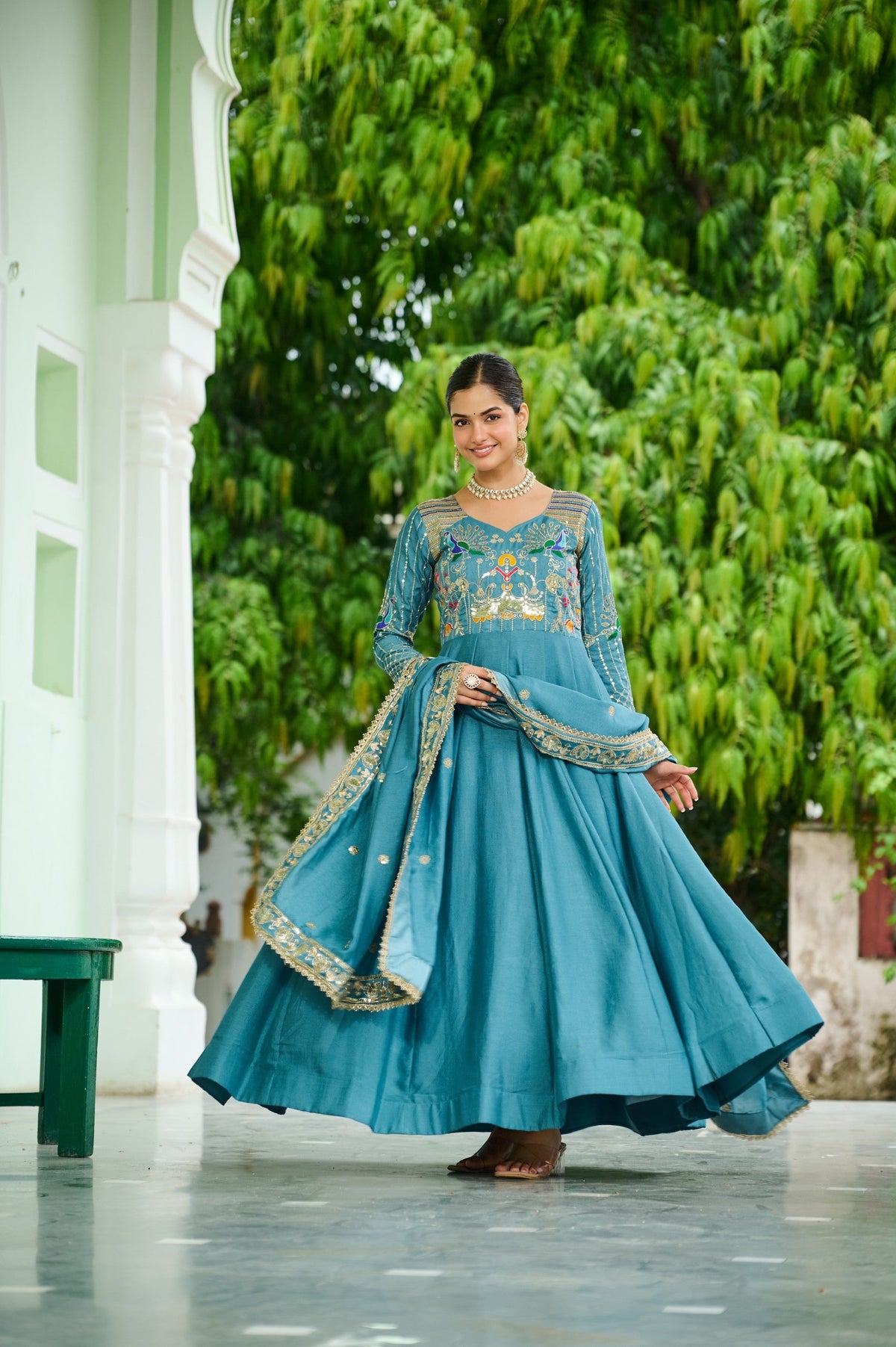 Lorenvalley Fashion Skyblue Vichitra Silk with Rich Sequins Multi Thread & Zari Embroidered work Anarkali Gown with Dupatta