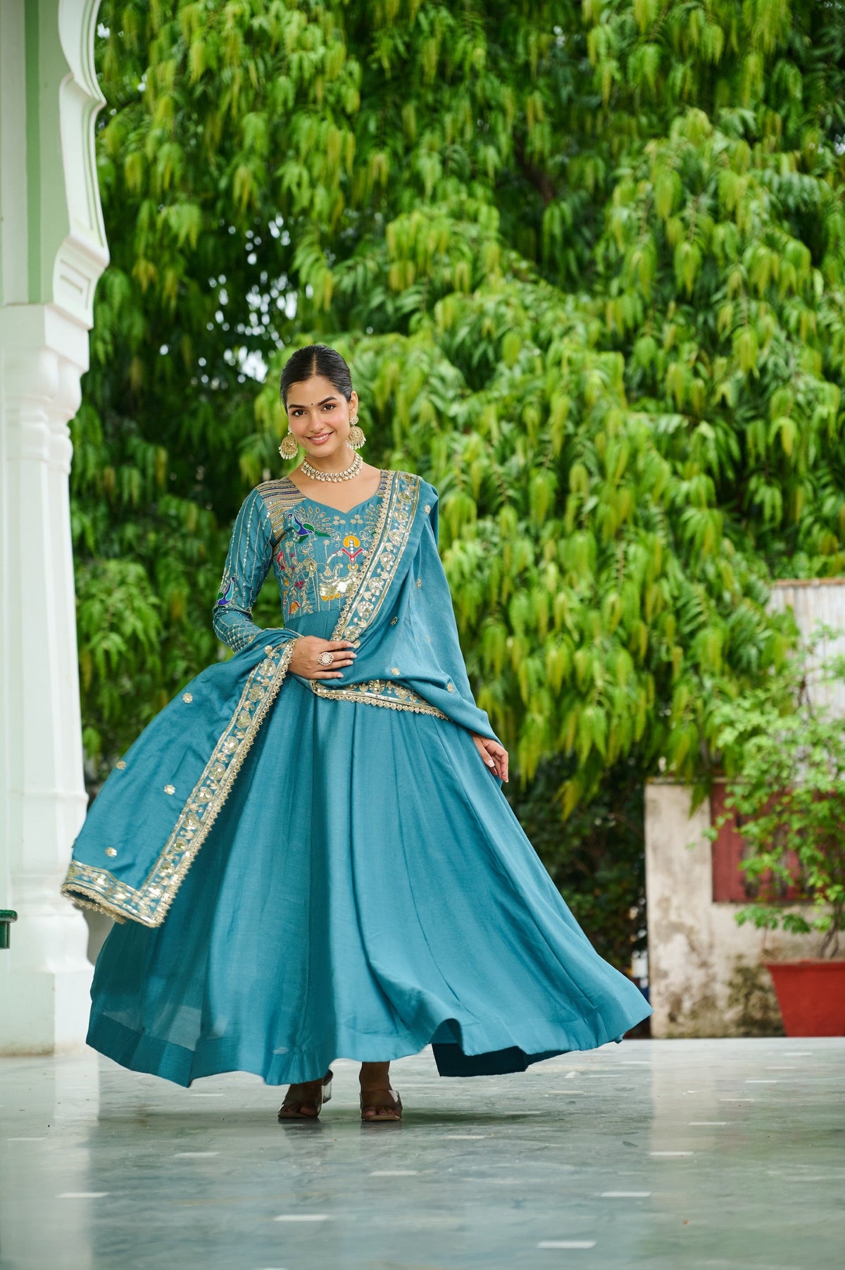 Lorenvalley Fashion Skyblue Vichitra Silk with Rich Sequins Multi Thread & Zari Embroidered work Anarkali Gown with Dupatta
