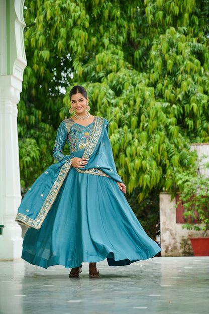 Lorenvalley Fashion Skyblue Vichitra Silk with Rich Sequins Multi Thread & Zari Embroidered work Anarkali Gown with Dupatta