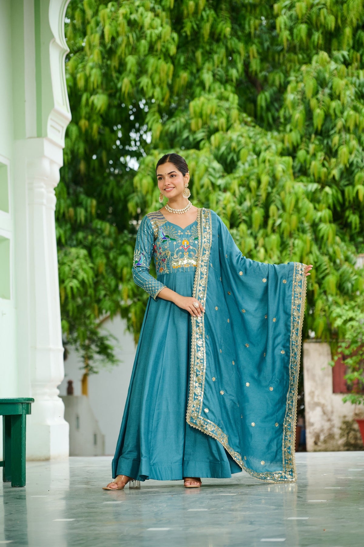 Lorenvalley Fashion Skyblue Vichitra Silk with Rich Sequins Multi Thread & Zari Embroidered work Anarkali Gown with Dupatta