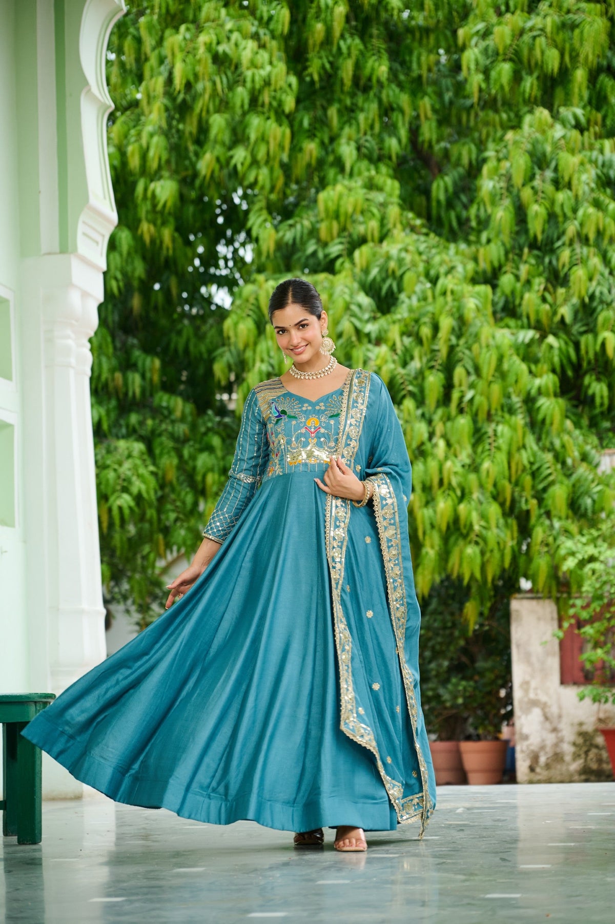 Lorenvalley Fashion Skyblue Vichitra Silk with Rich Sequins Multi Thread & Zari Embroidered work Anarkali Gown with Dupatta