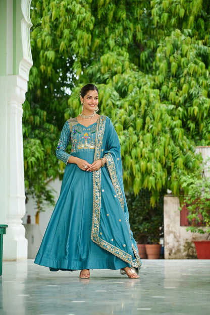 Lorenvalley Fashion Skyblue Vichitra Silk with Rich Sequins Multi Thread & Zari Embroidered work Anarkali Gown with Dupatta