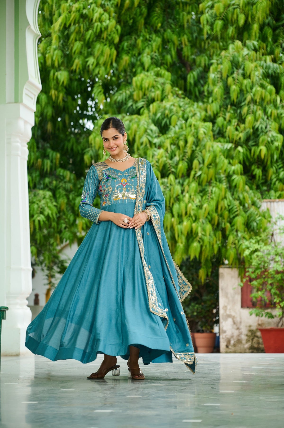Lorenvalley Fashion Skyblue Vichitra Silk with Rich Sequins Multi Thread & Zari Embroidered work Anarkali Gown with Dupatta