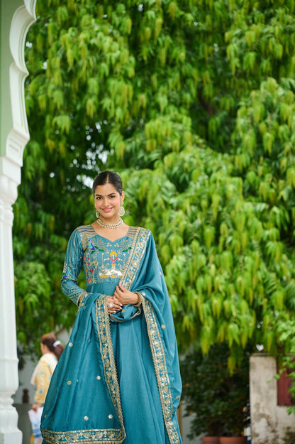 Lorenvalley Fashion Skyblue Vichitra Silk with Rich Sequins Multi Thread & Zari Embroidered work Anarkali Gown with Dupatta