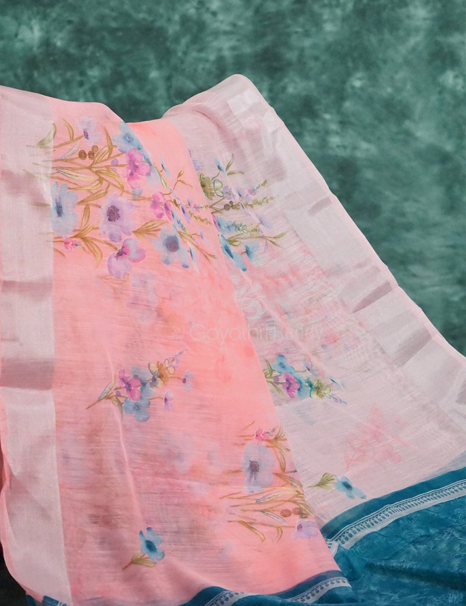 Baby Peach Floral Print Semi Chanderi Saree By Gayathri Reddy Designer Studio