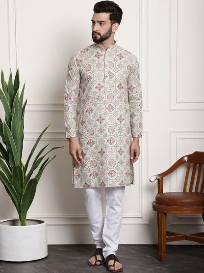 Sojanya Men Beige Printed Cotton Linen Kurta with Churidar