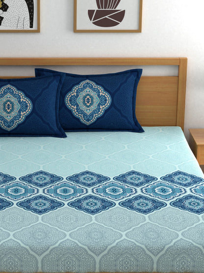 Dreamscape Blue Ethnic 144 TC Cotton Bedsheet with Reversible Pillow Covers