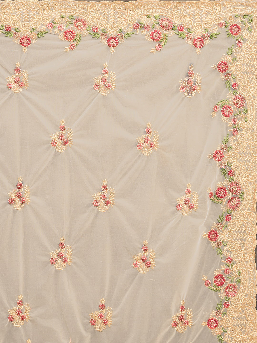 Tikhi Imli Off-White & Gold-Coloured Net Embroidered Saree