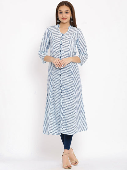 HERE&NOW Blue & White Striped Mandarin Collar Kurta