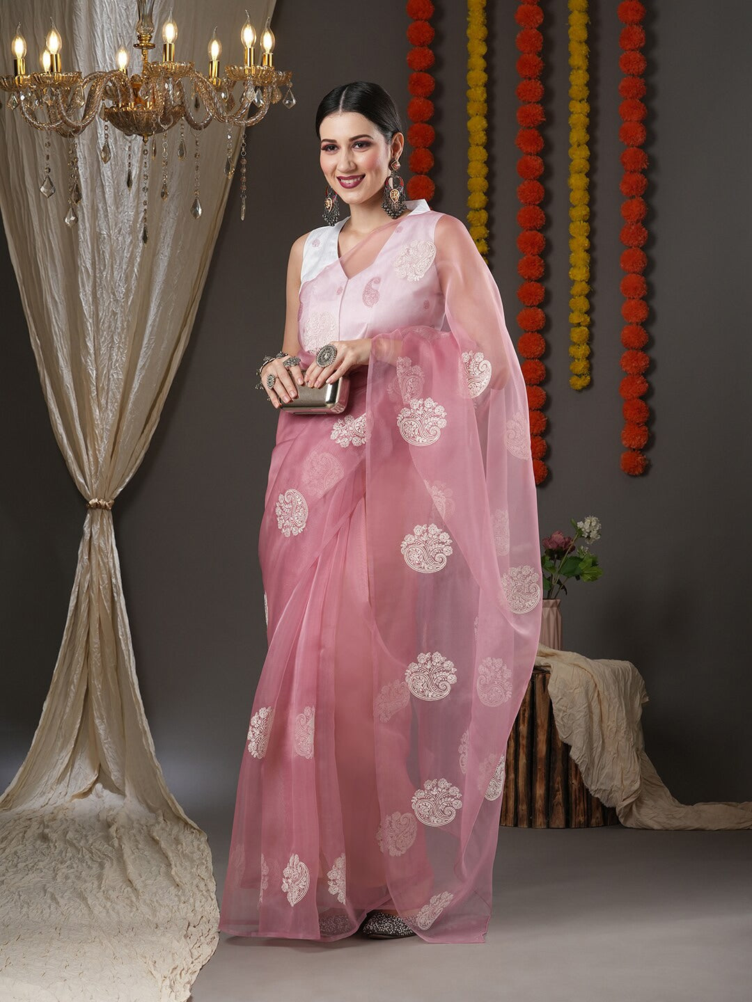 Saree Mall Mauve & White Floral Embroidered Organza Banarasi Sarees