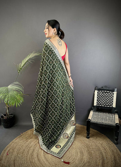 Joban Fashion Dark Green Bandhej Bandhani Vichitra Silk Bandhani Prints Saree