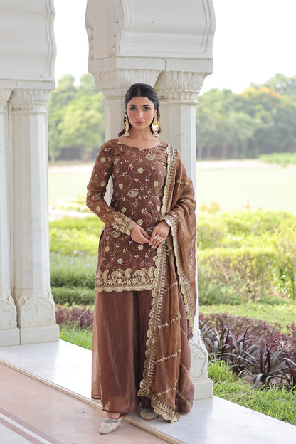 Lorenvalley Fashion Brown Fendy Satin with Rich Sequins Embroidered work Kurta Pant with Dupatta