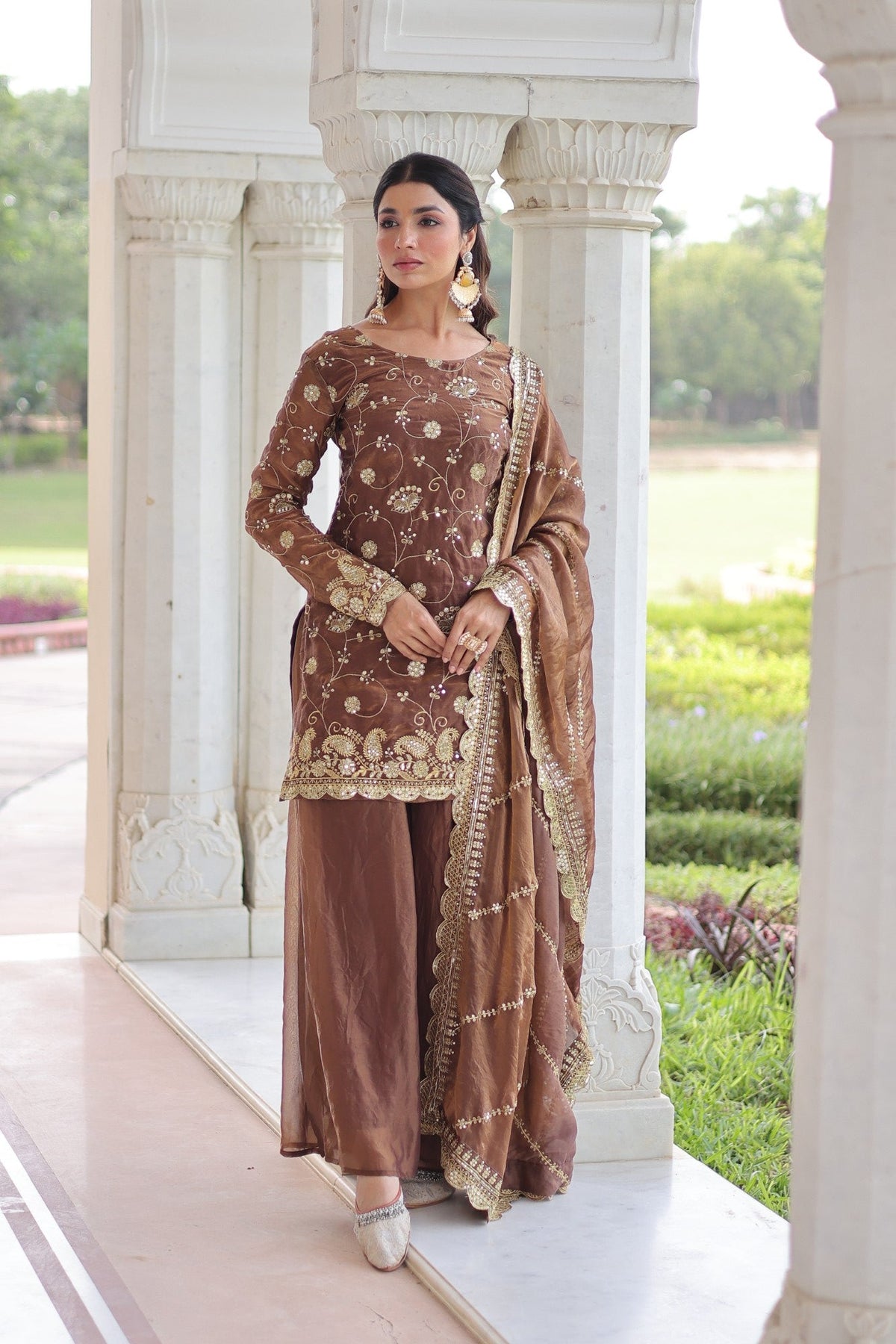 Lorenvalley Fashion Brown Fendy Satin with Rich Sequins Embroidered work Kurta Pant with Dupatta