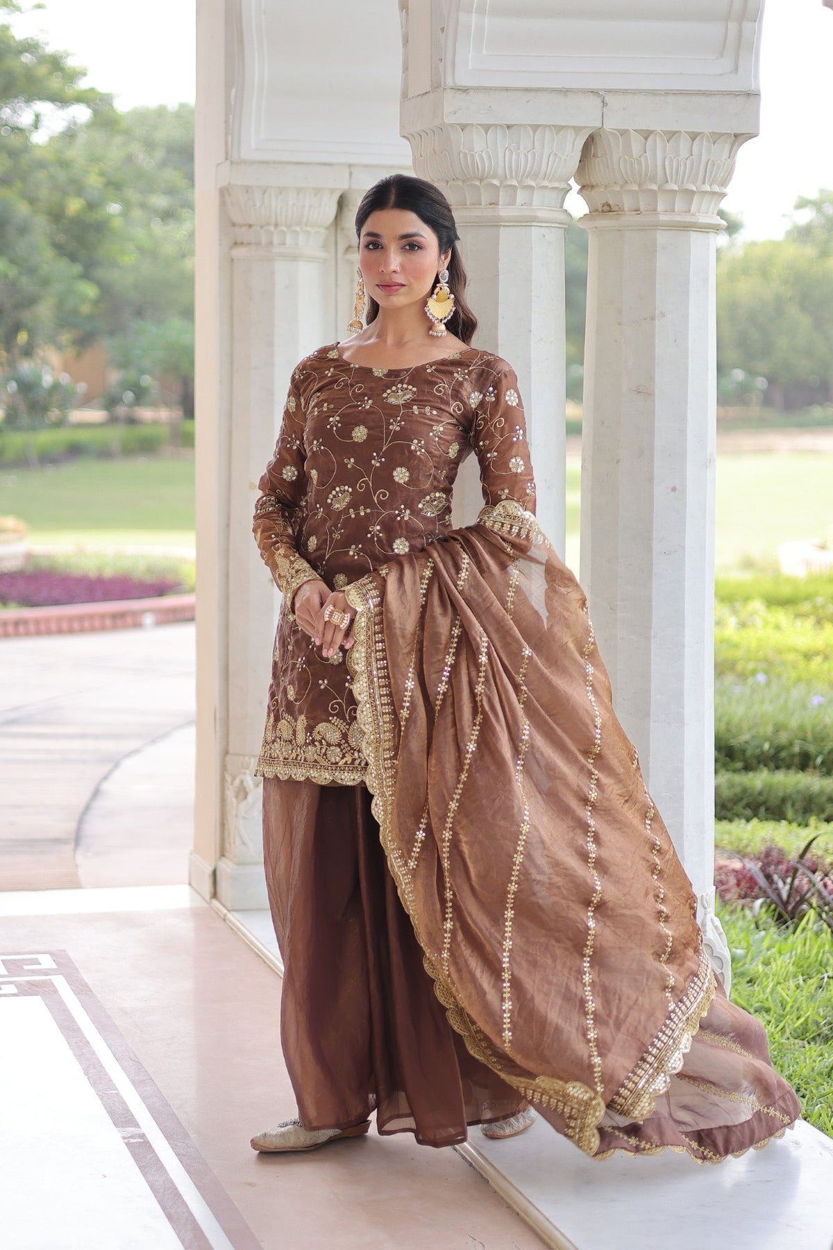 Lorenvalley Fashion Brown Fendy Satin with Rich Sequins Embroidered work Kurta Pant with Dupatta