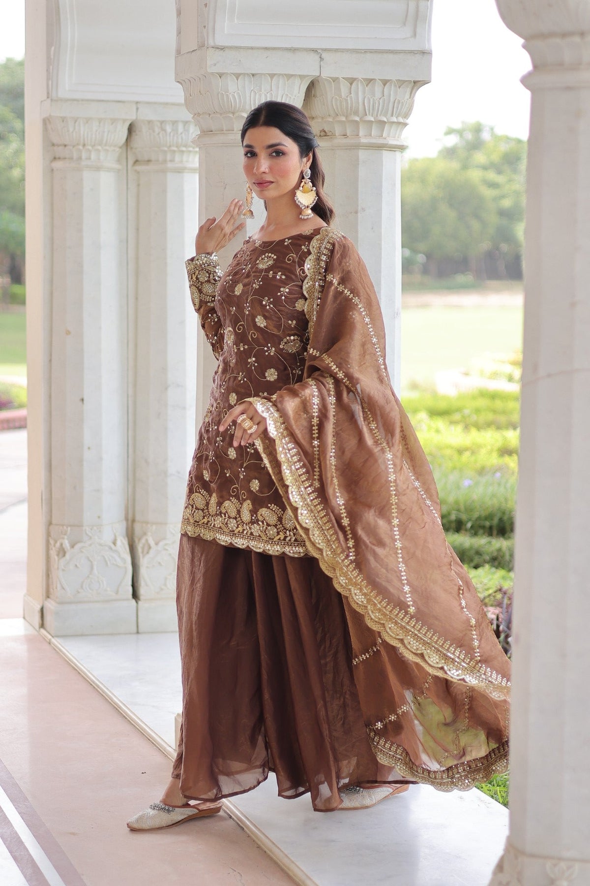 Lorenvalley Fashion Brown Fendy Satin with Rich Sequins Embroidered work Kurta Pant with Dupatta
