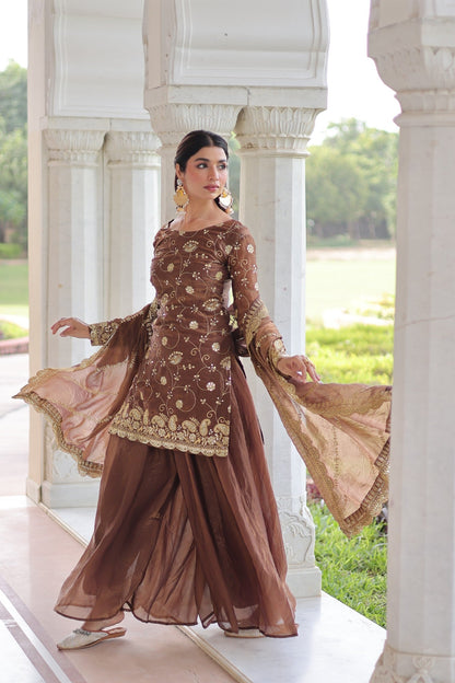 Lorenvalley Fashion Brown Fendy Satin with Rich Sequins Embroidered work Kurta Pant with Dupatta