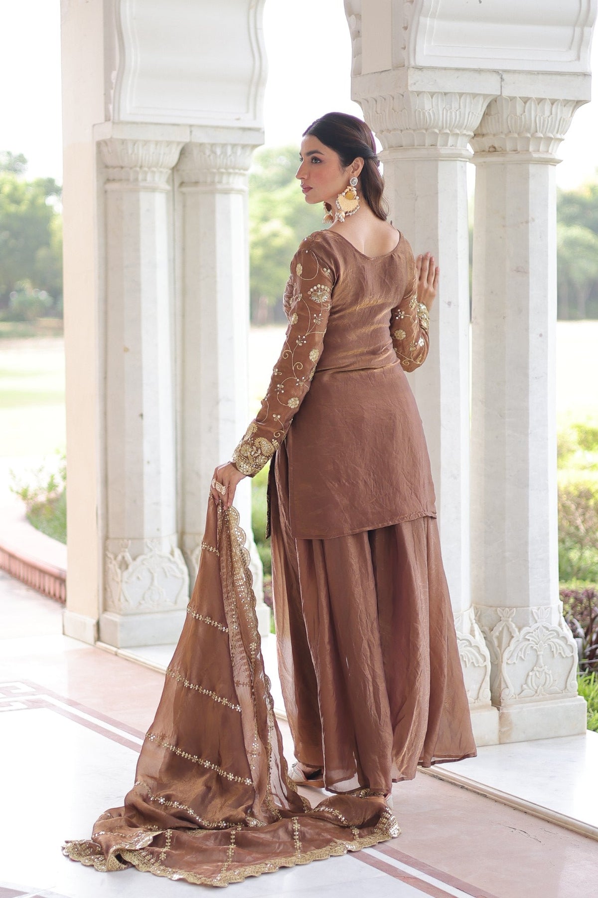 Lorenvalley Fashion Brown Fendy Satin with Rich Sequins Embroidered work Kurta Pant with Dupatta