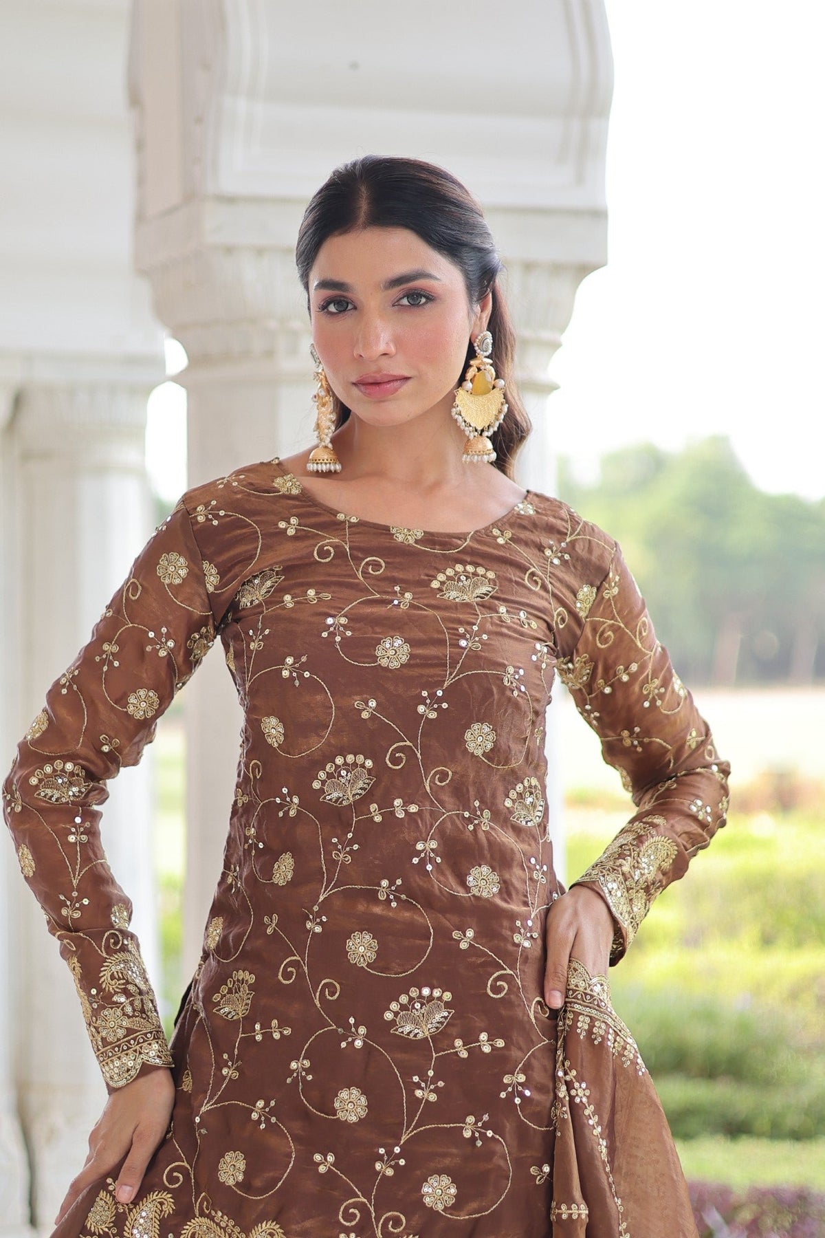 Lorenvalley Fashion Brown Fendy Satin with Rich Sequins Embroidered work Kurta Pant with Dupatta