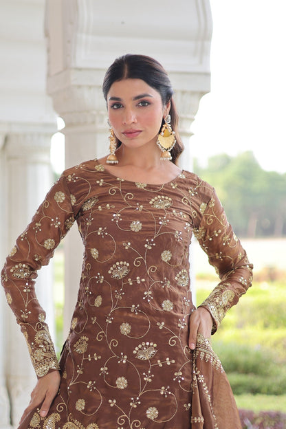 Lorenvalley Fashion Brown Fendy Satin with Rich Sequins Embroidered work Kurta Pant with Dupatta