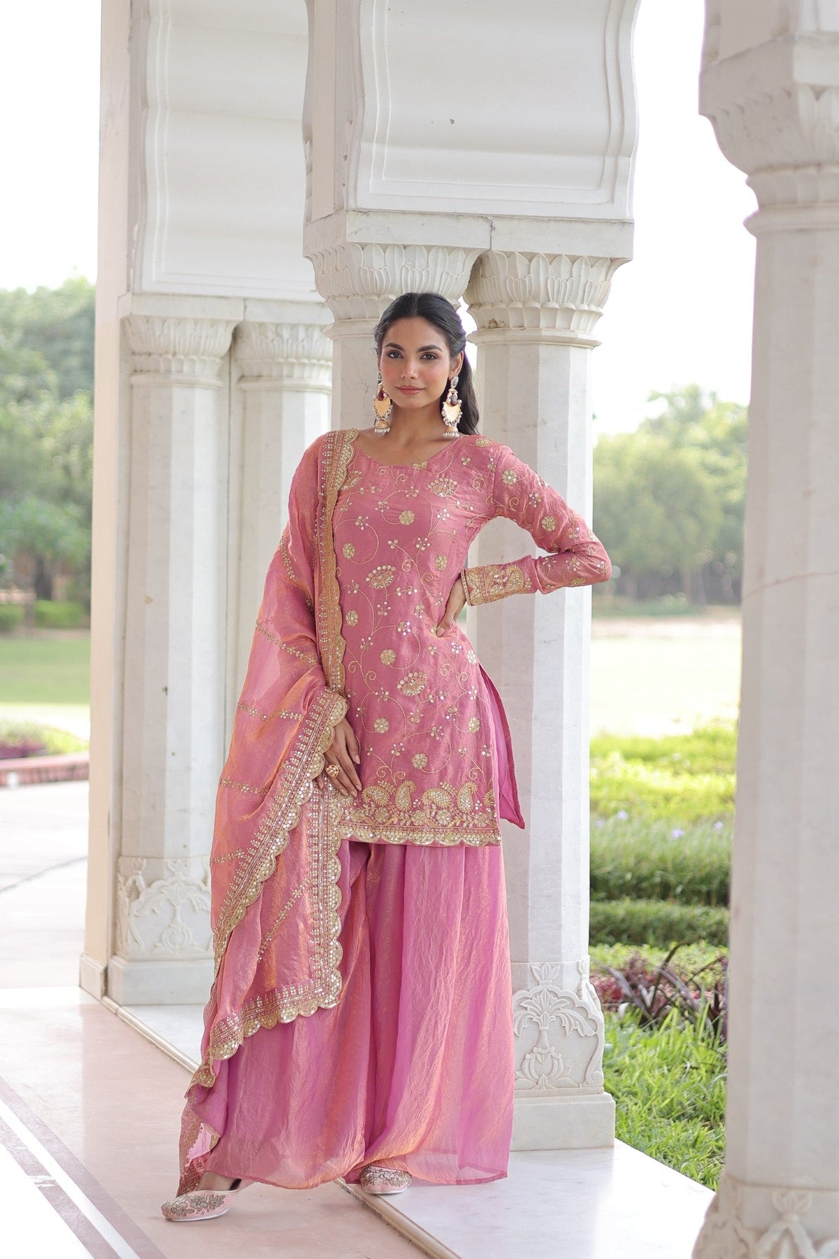 Lorenvalley Fashion Pink Fendy Satin with Rich Sequins Embroidered work Kurta Pant with Dupatta
