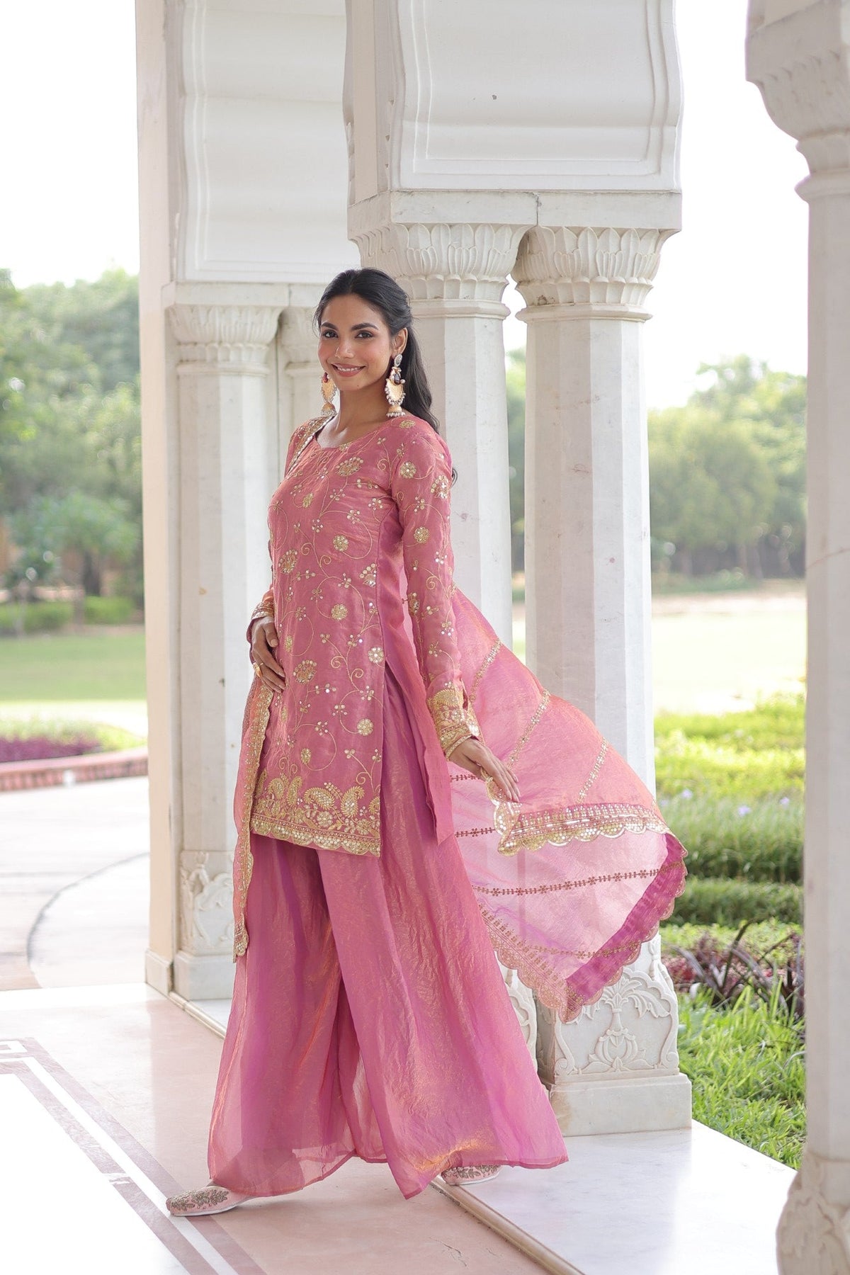 Lorenvalley Fashion Pink Fendy Satin with Rich Sequins Embroidered work Kurta Pant with Dupatta