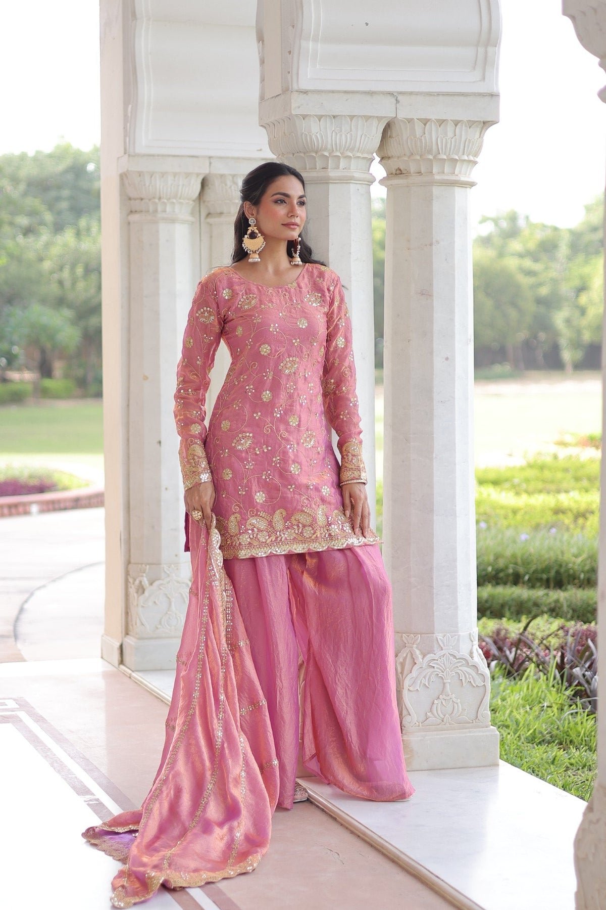Lorenvalley Fashion Pink Fendy Satin with Rich Sequins Embroidered work Kurta Pant with Dupatta
