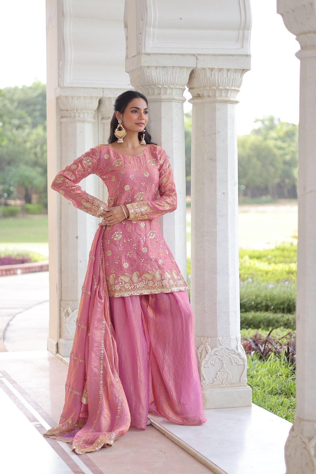 Lorenvalley Fashion Pink Fendy Satin with Rich Sequins Embroidered work Kurta Pant with Dupatta