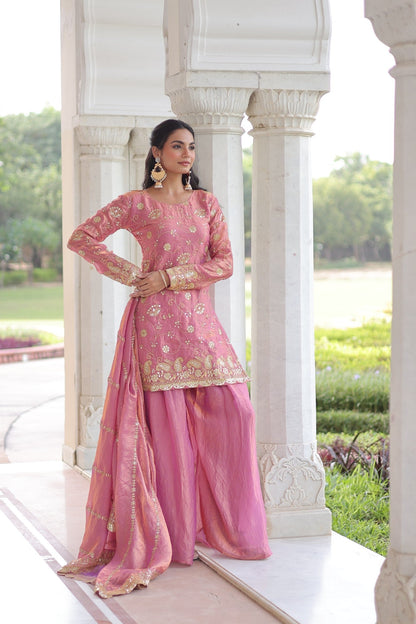 Lorenvalley Fashion Pink Fendy Satin with Rich Sequins Embroidered work Kurta Pant with Dupatta