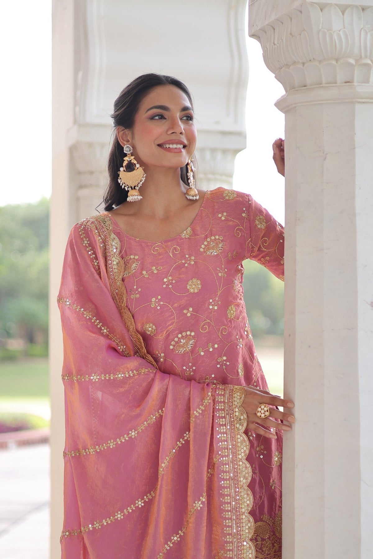 Lorenvalley Fashion Pink Fendy Satin with Rich Sequins Embroidered work Kurta Pant with Dupatta