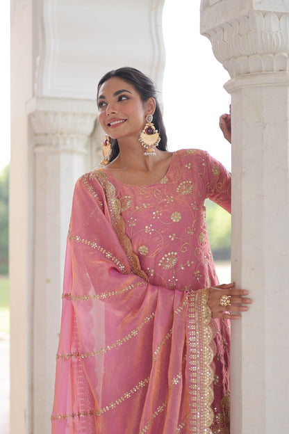 Lorenvalley Fashion Pink Fendy Satin with Rich Sequins Embroidered work Kurta Pant with Dupatta