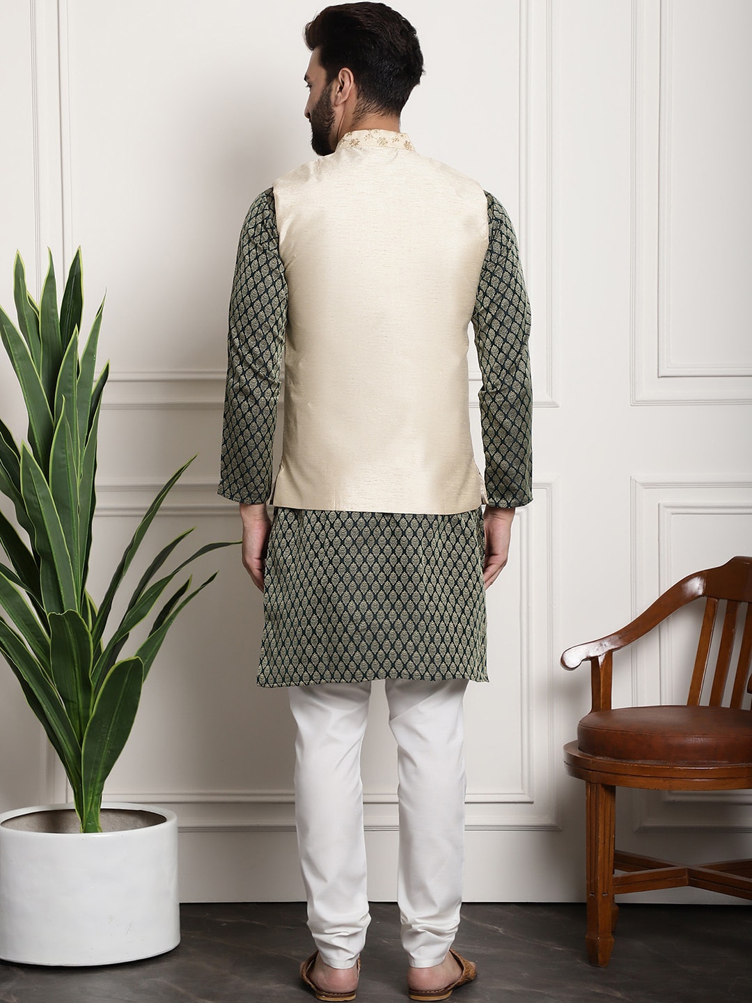 Sojanya Woven Design Mandarin Collar Kurta with Churidar & Nehru Jacket