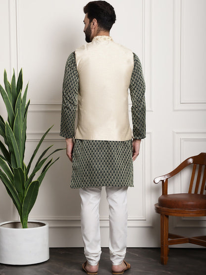 Sojanya Woven Design Mandarin Collar Kurta with Churidar & Nehru Jacket