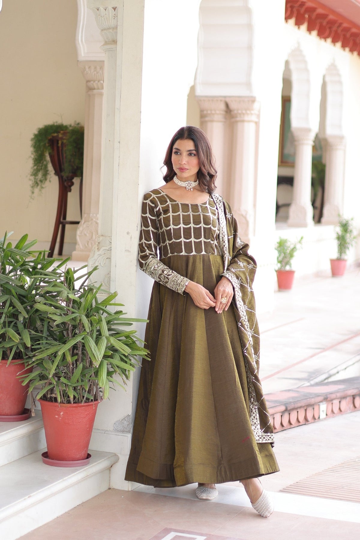 Lorenvalley Fashion Mehendi Vichitra Silk with Rich Sequins & Zari Embroidered work Anarkali Gown with Dupatta